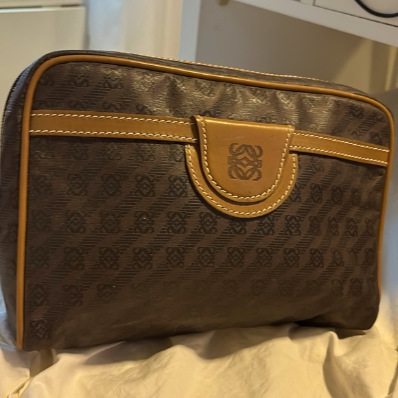 Loewe Handbags - LOEWE CANVAS & LEATHER TRIM TAN BROWN LOGO CLUTCH MAKEUP BAG